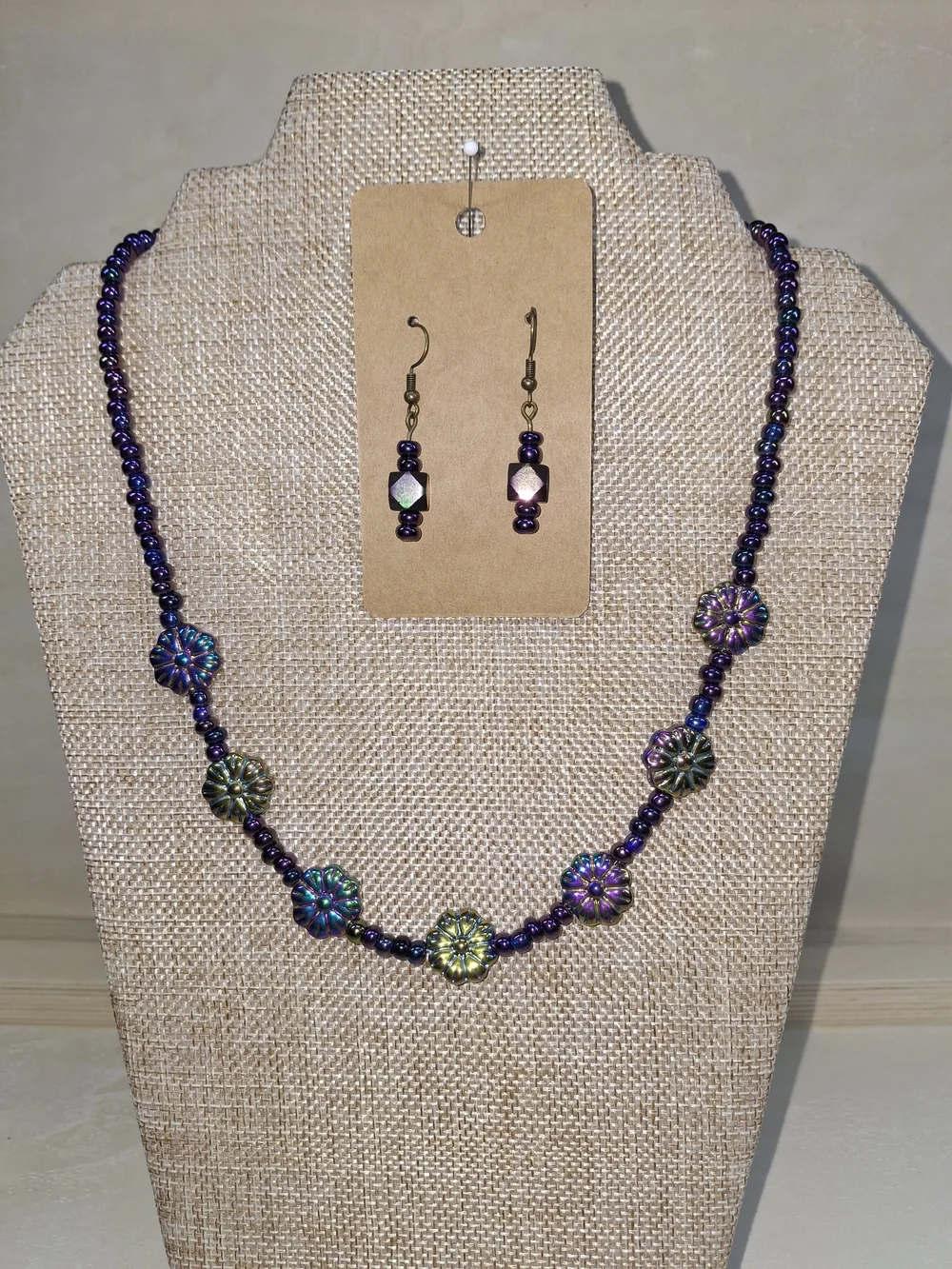 Handmade Iridescent Purple Flower Bead Necklace & Earring Set